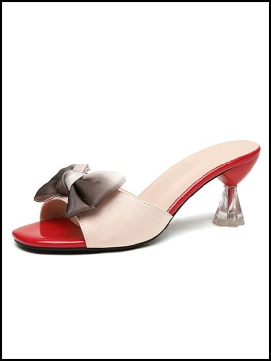 Shoes - Women's Bow Decor Mule Sandals Open Toe Transparent Heel Slip On Heeled Sandals
